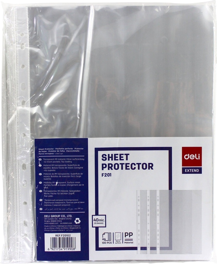 Pochettes perforées DELI F20102 A4 40 microns - Paquet de 100