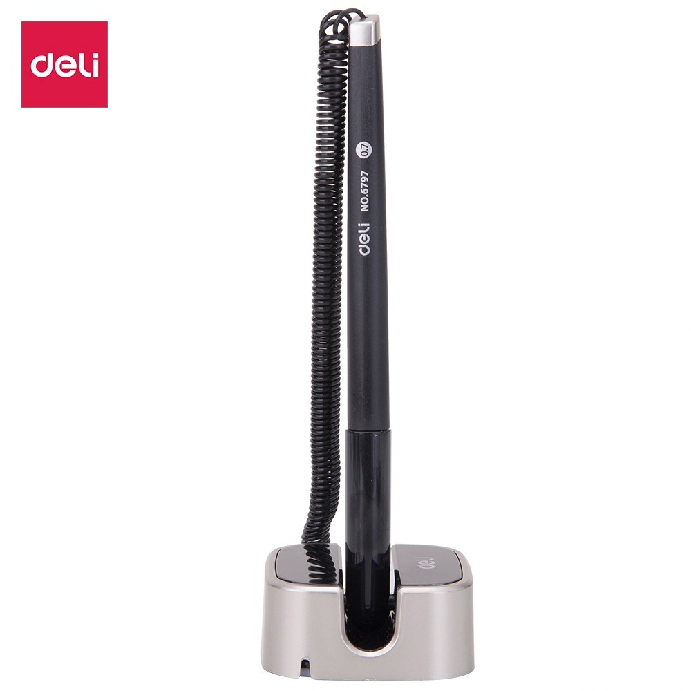 Boîte de 24 Stylos sur Socle DELI-E6797 Pointe Ogive 0,7 mm Noir – Idéal pour Bureaux et Comptoirs