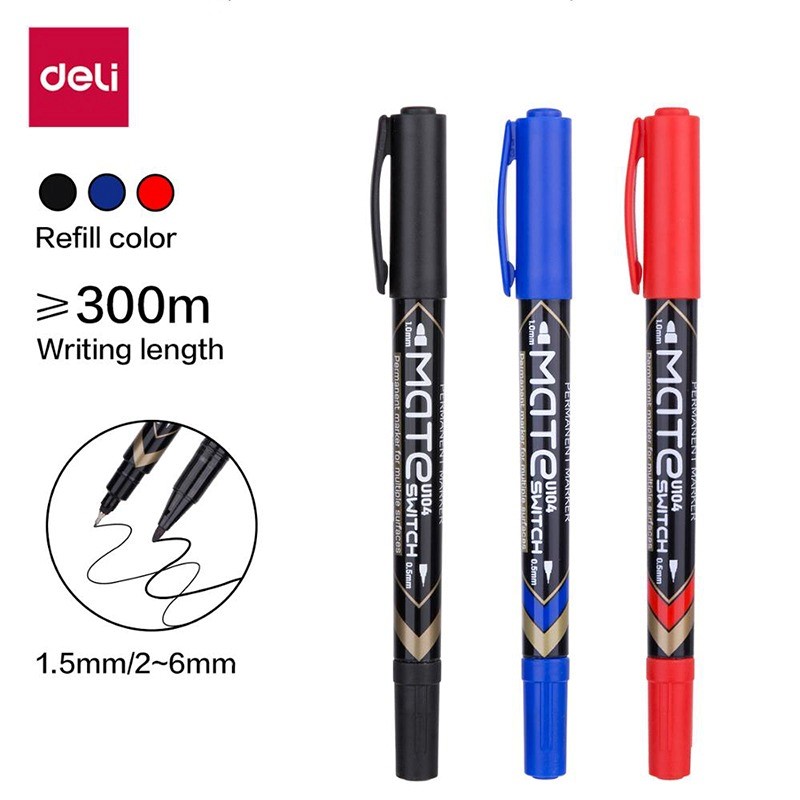Deli U104 – Boîte de 12 Marqueurs Permanents Double Pointe 0,5 mm et 1,0 mm – Couleurs au Choix