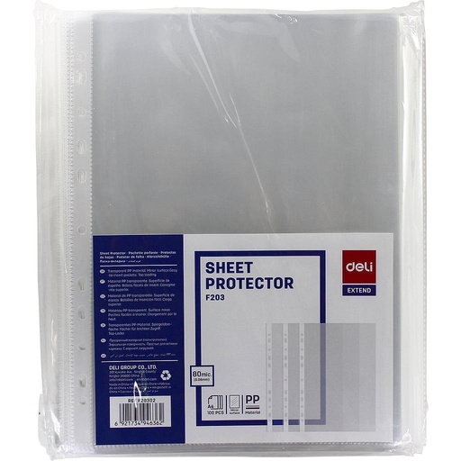 [F20302] Paquet de 100 Pochettes Perforées DELI F20302 A4 80 Microns Ultra Résistantes