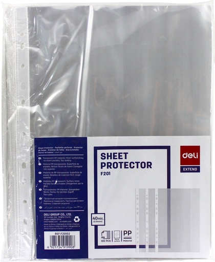 [F20102] Pochettes perforées DELI F20102 A4 40 microns - Paquet de 100