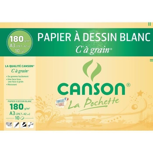 [PPDS02] Pochette de 10 feuilles de papier dessin Canson "C" à grain 180g/m² A3
